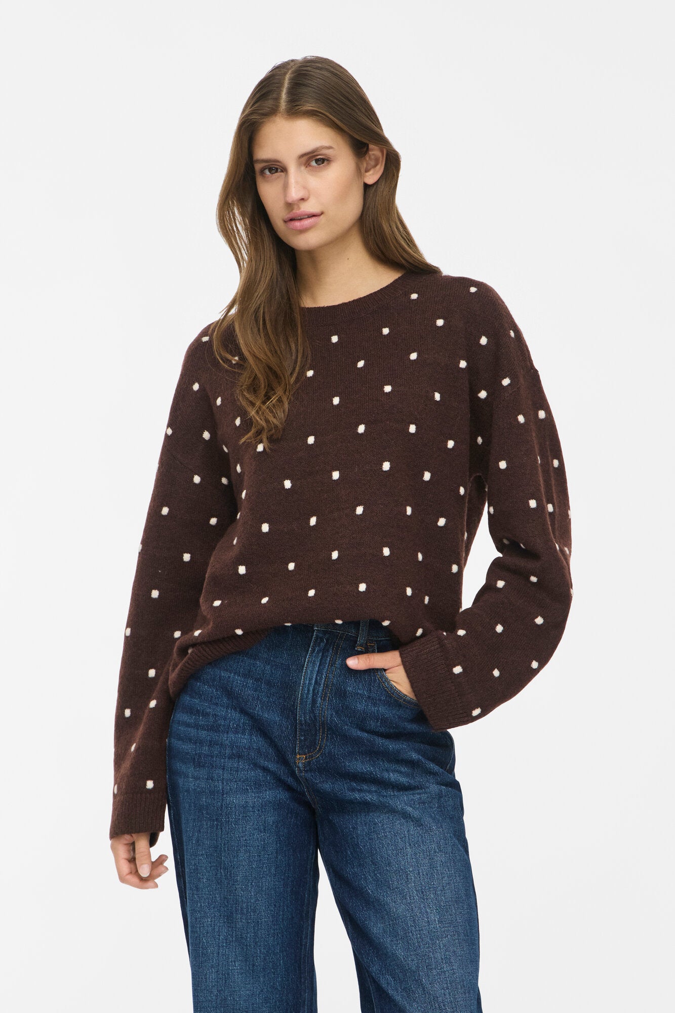 Viliga L/S O-neck Dot striktrøje – Coffee Bean